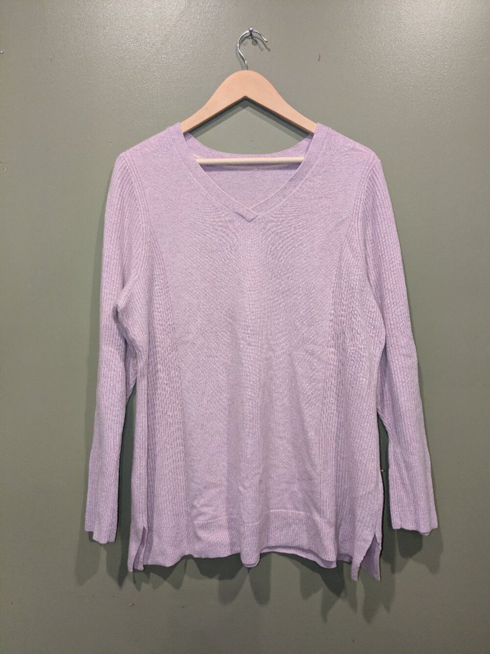 100% Cashmere Sweater Womens Large Pink Lilac V Neck Ribbed Side Panel Split Hem